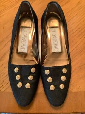 Joan & David Dark Blue Fabric Flats with Gold Button Details
